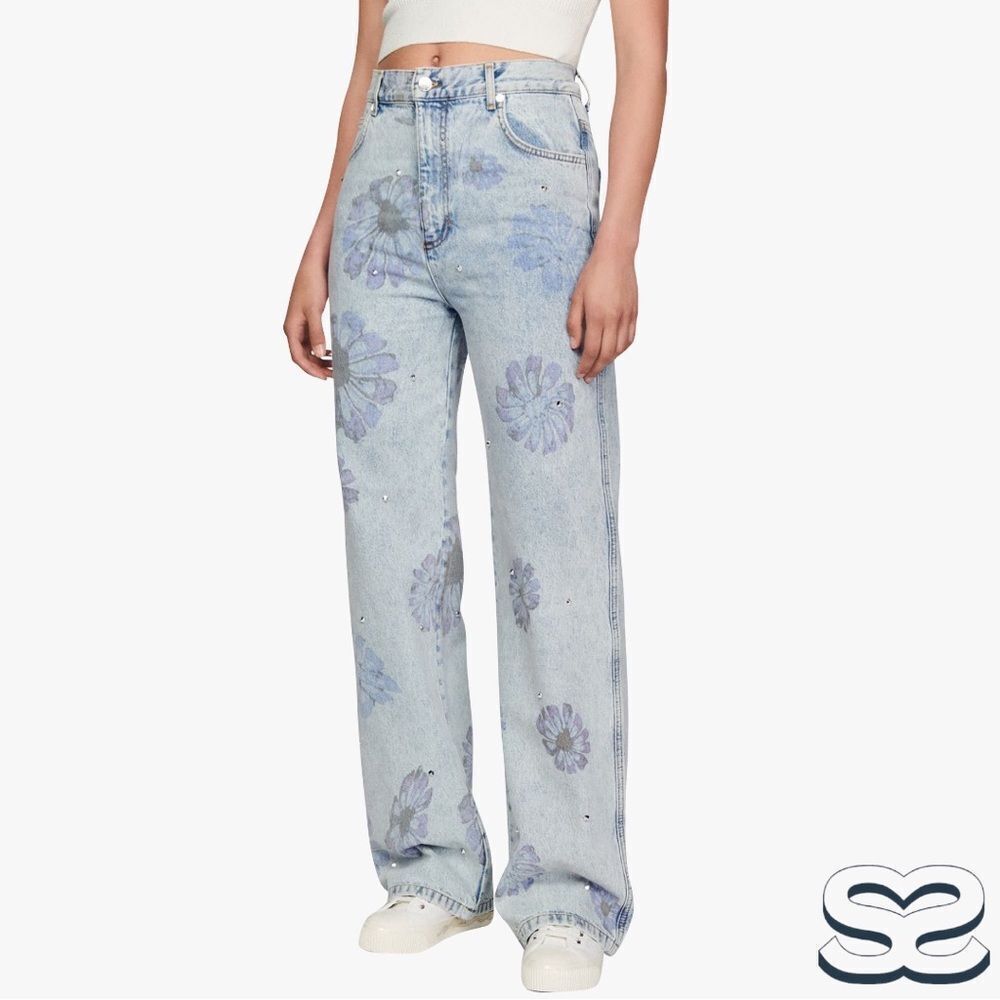 Sandro **NWT** Blossom Floral Print Rhinestone Straight Jeans in Blue Je… - Picture 2 of 15